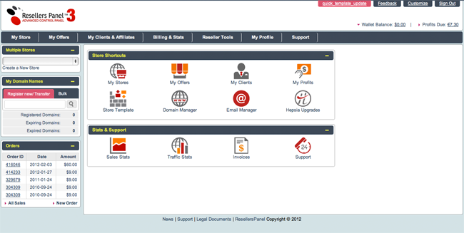 The home page of the new Reseller Control Panel