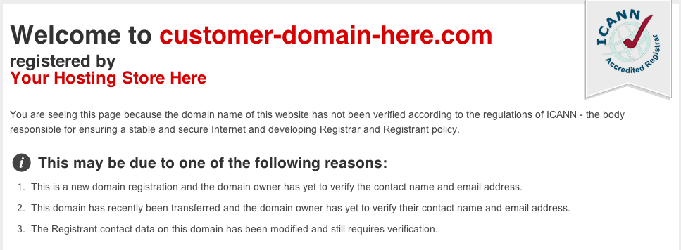 This is how the front page of a domain will look like if the email validation fails