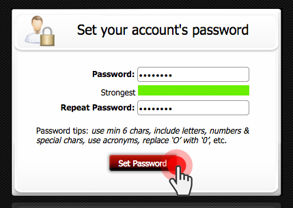 Password setup interface - login page