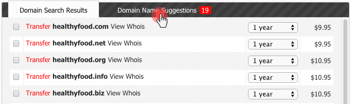 Domain Suggestion tab added to the domain search form