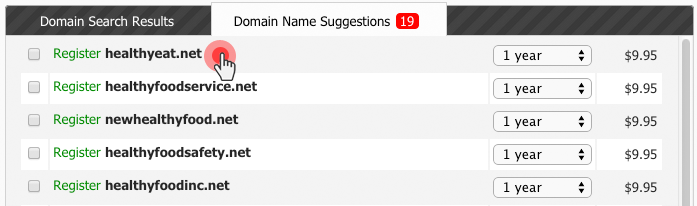 Domain Suggestion tab - list of suggestions