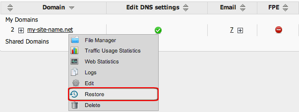 Daily data backups in Control Panel - right click option