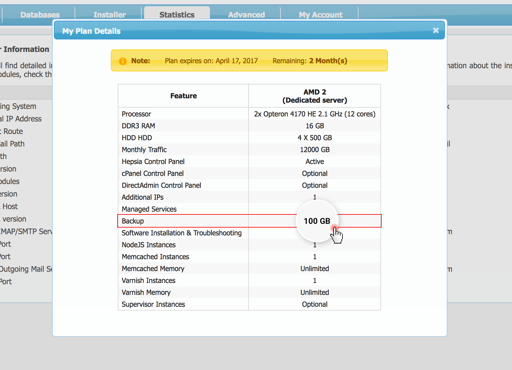 Dedicated servers backup space - control panel