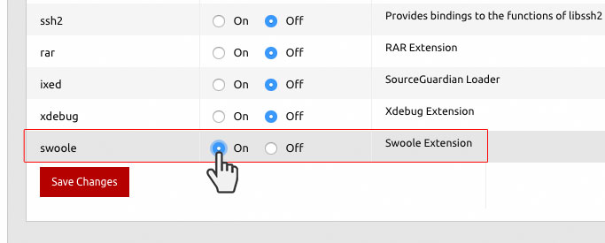Swoole network framework - enable from Control Panel