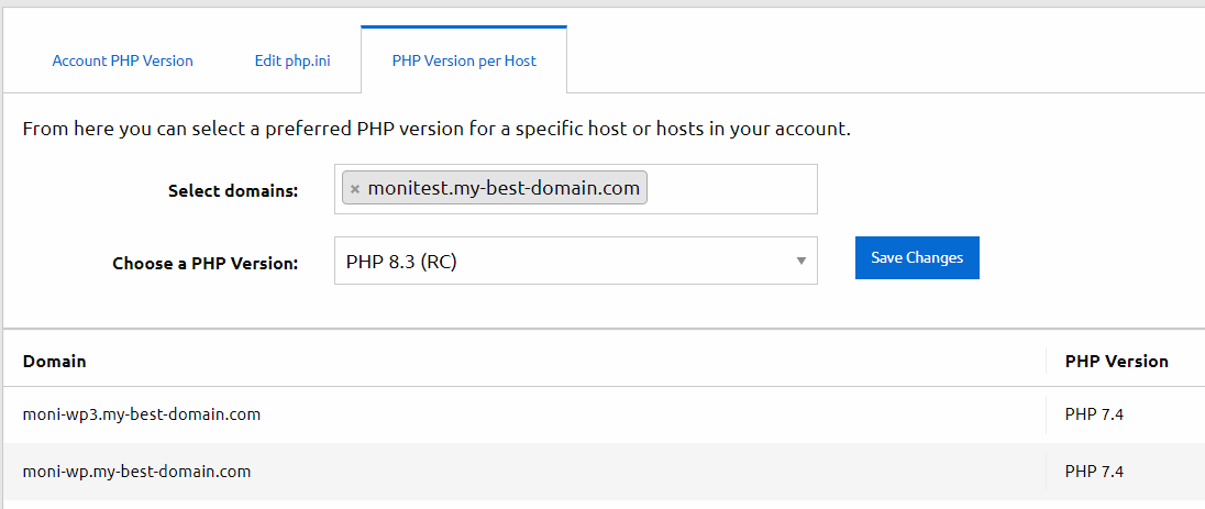 PHP 8.3 release candidate version enabled in Hepsia Control Panel - enable per host