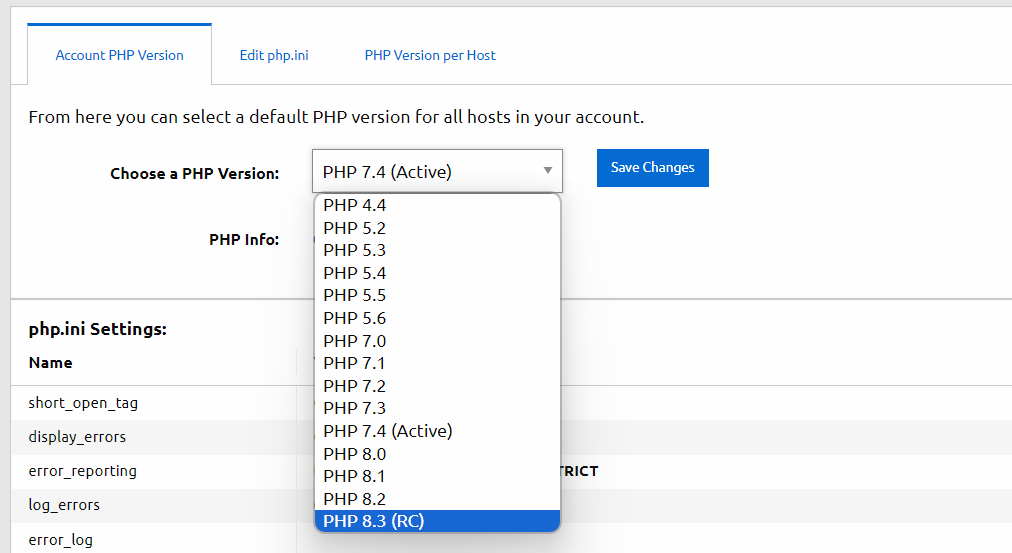 PHP 8.3 release candidate version enabled in Hepsia Control Panel